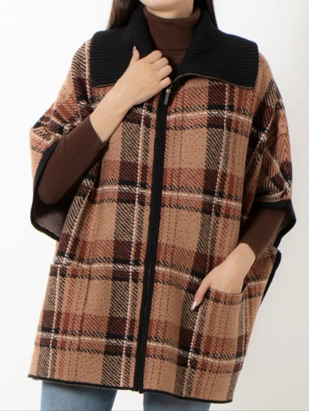 Tahari Plaid Zip-Up Knit Poncho Sweater S/M